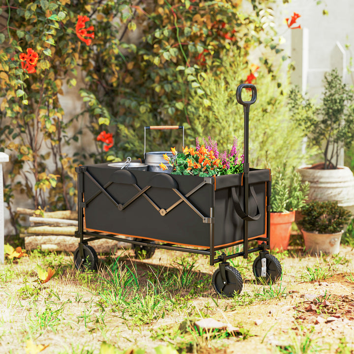 160L Festival Trolley on Wheels, Folding Camping Trolley Cart w/ Tailgate, 100kg Heavy Duty Garden Collapsible Folding Wagon w/Adjustable Handle, Carry Bag for Beach Picnic, Black and Orange