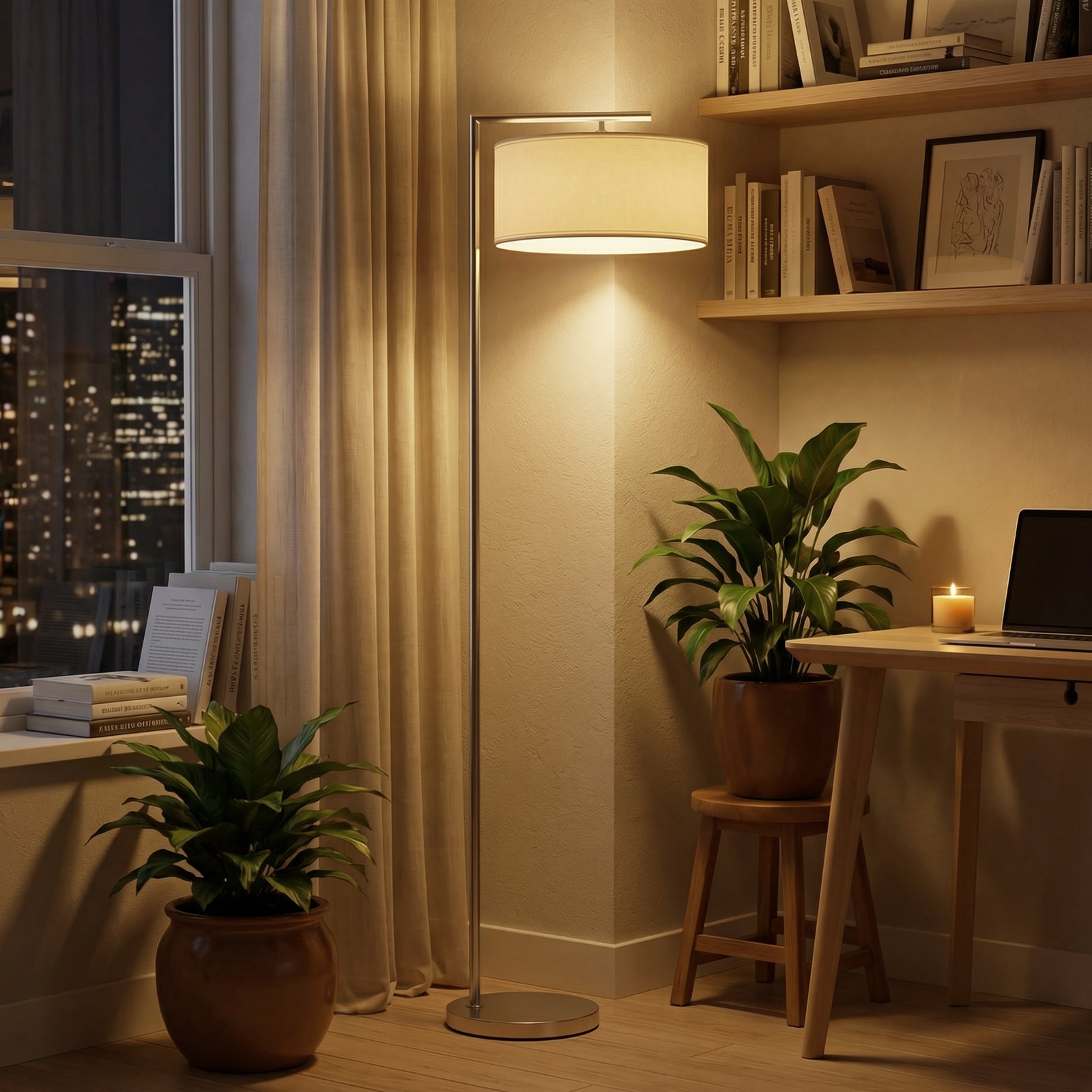 Floor Lamp, Modern Standing Lamp with Linen Lampshade, Round Base for 