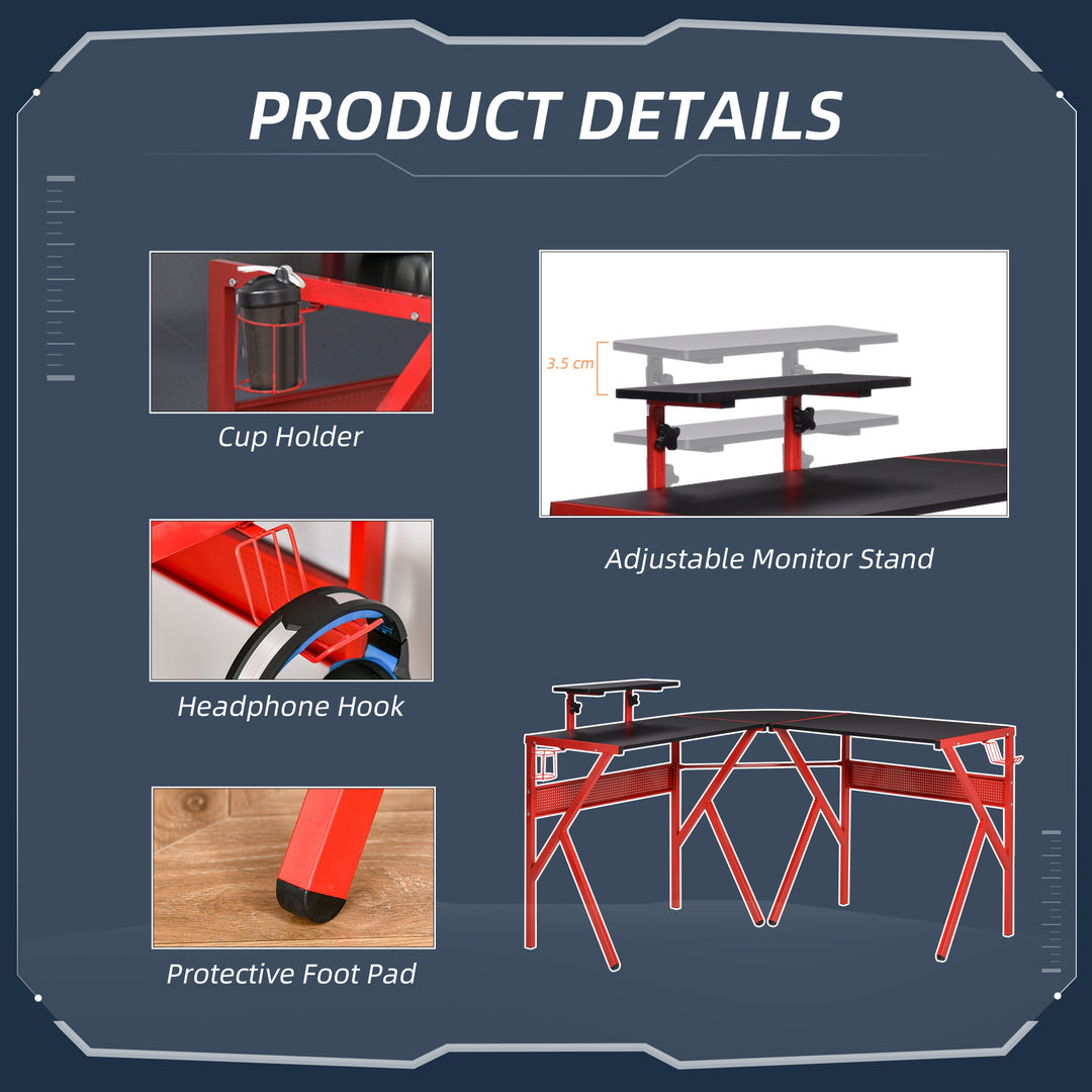 HOMCOM Gaming Desk L-Shaped Corner Computer Table for Home Office PC Workstations with Adjustable Monitor Stand , Red