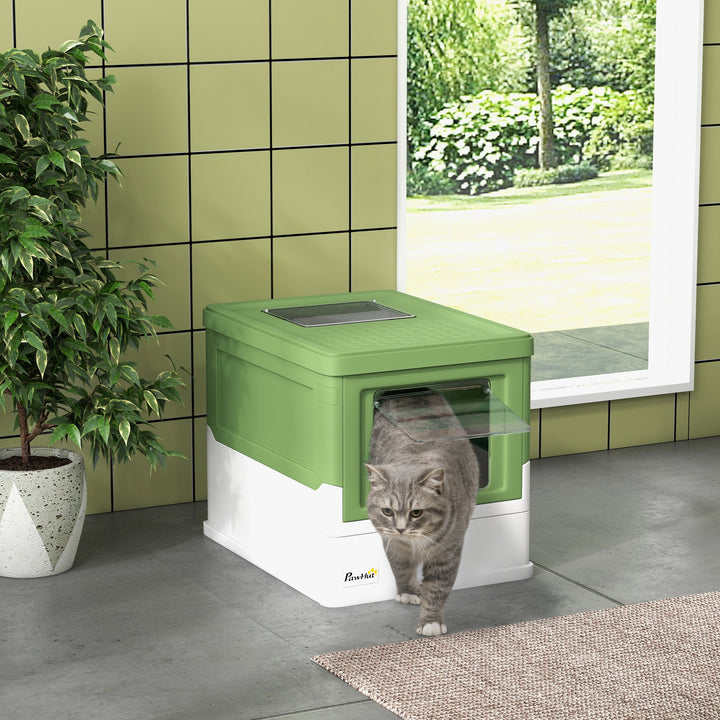 PawHut Hooded Cat Litter Box, Portable Pet Toilet, with Scoop, Front Entry - Lime Green | Aosom UK