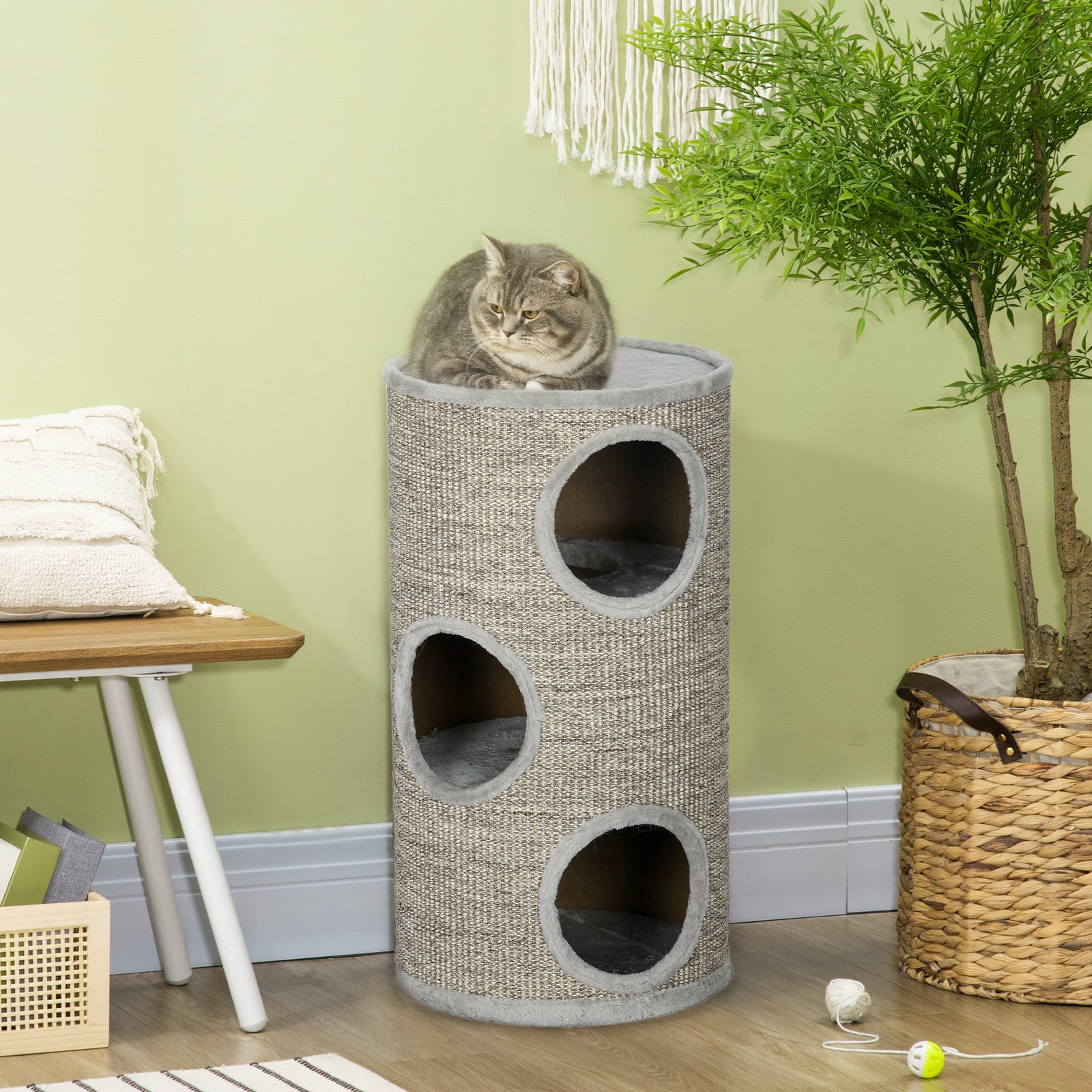 Cat Climbing Frame, Covered with Sisal, Cosy Platform - Light Grey