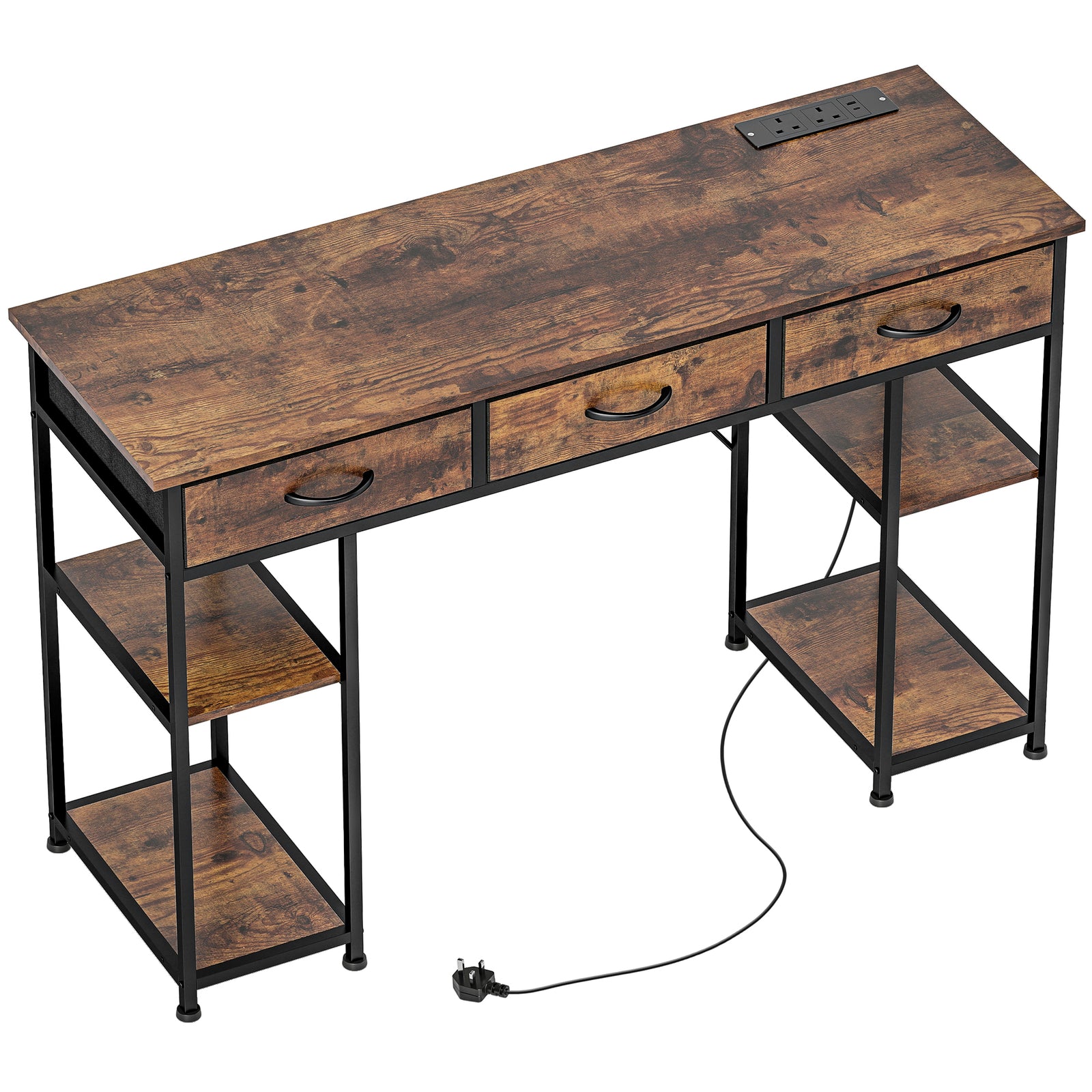 120cm Computer Desk with Power Outlets, Office Desk Study Table with Fabric Drawers and Storage Shelves, Rustic Brown