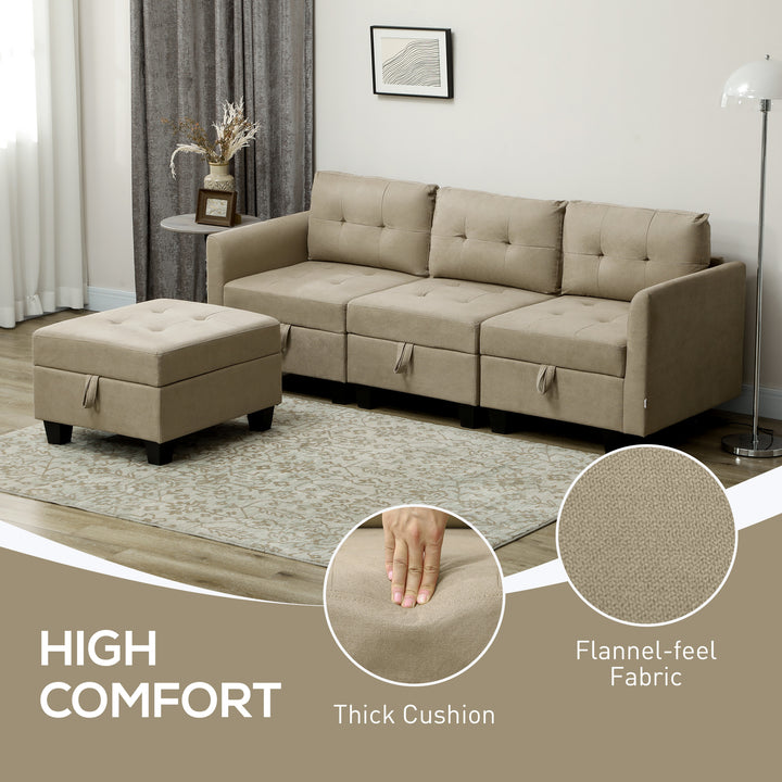 HOMCOM Convertible Modular Sectional Sofa with Storage, 3 Seater Sofa Set, L Shaped Sofa Couch with Ottoman, Wood Frame for Living Room, Light Brown | Aosom UK