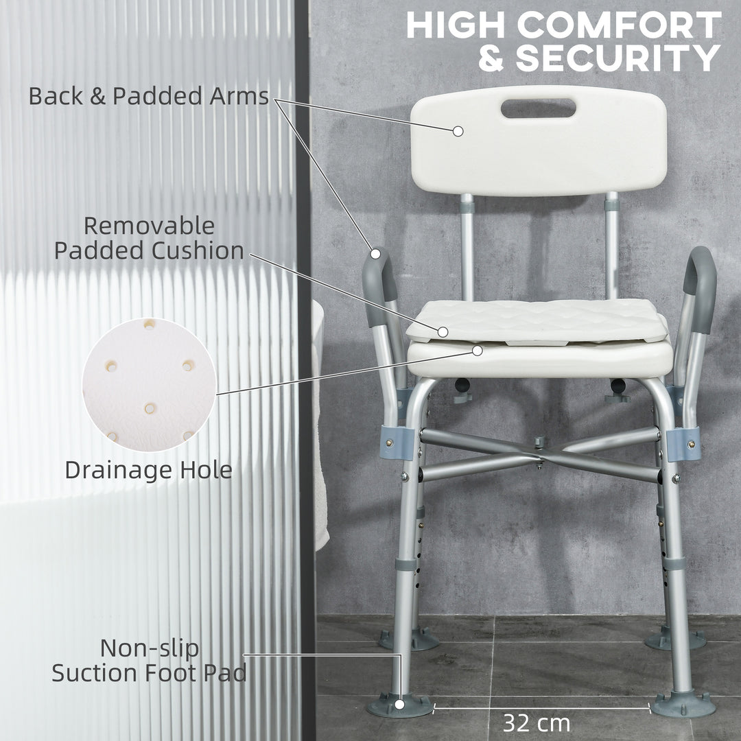 HOMCOM Shower Stool: Adjustable Aluminium Bath Chair with Backrest, Armrests, Detachable Padded Seat, Non-Slip, Whitewater