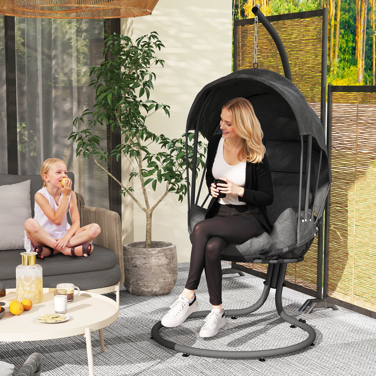 Hanging Egg Chair Swing Hammock Chair with Stand, Cushion and Retractable Canopy, for Indoor and Outdoor, Grey