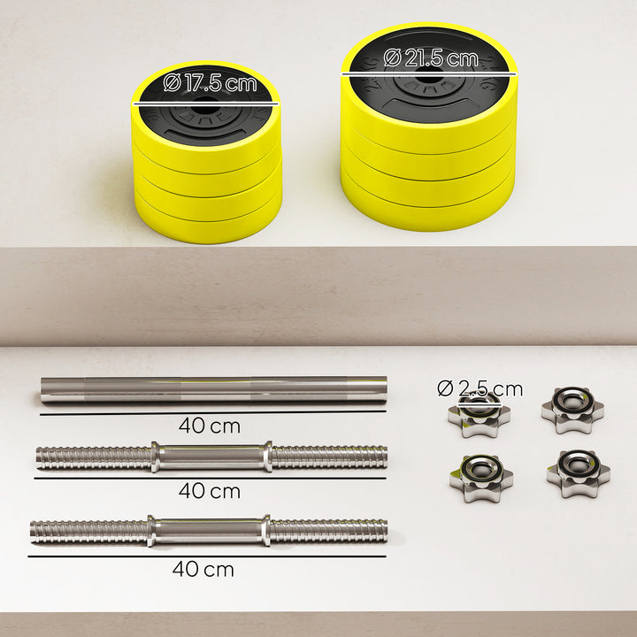 20KGS 2-In-1 Dumbbell & Barbell Adjustable Set Strength Muscle Exercise Fitness Plate Bar Clamp Rod Home Gym Sports Area, Yellow