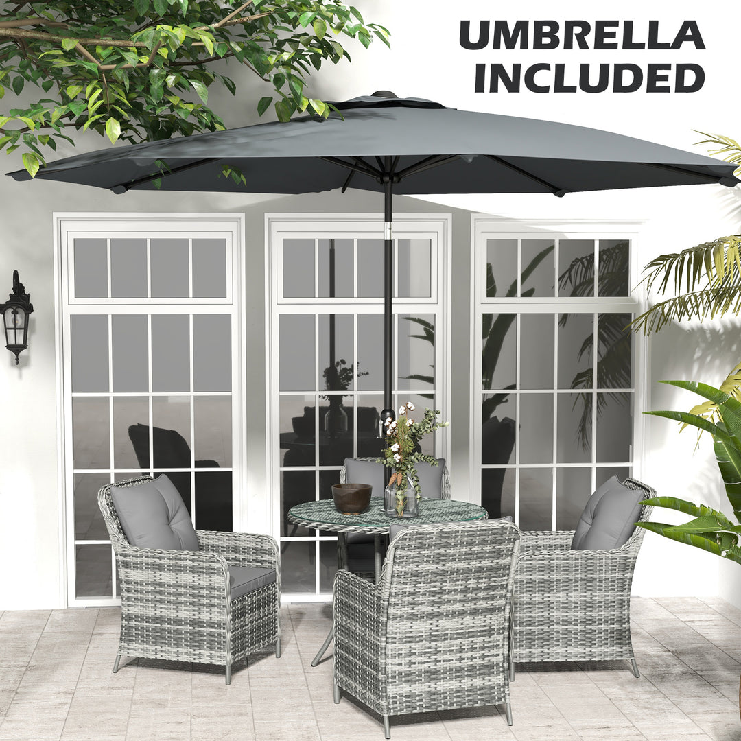 4 Seater Rattan Dining Set with Parasol & Cushions - Mixed Grey