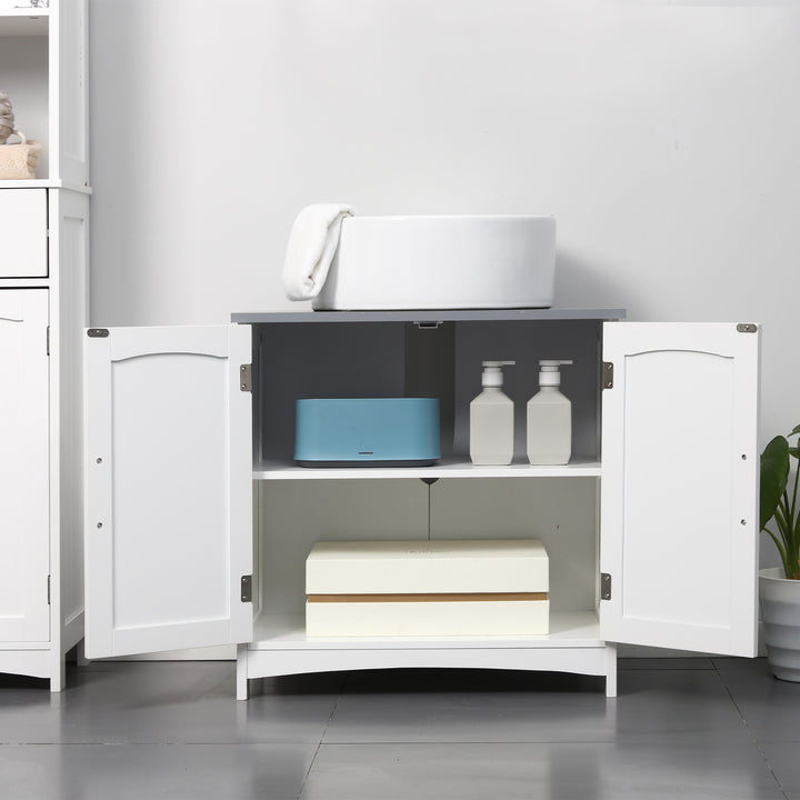 Kleankin Modern Under Sink Cabinet with Double Doors, Adjustable Shelves, Pedestal Bathroom Vanity Storage Unit, White.
