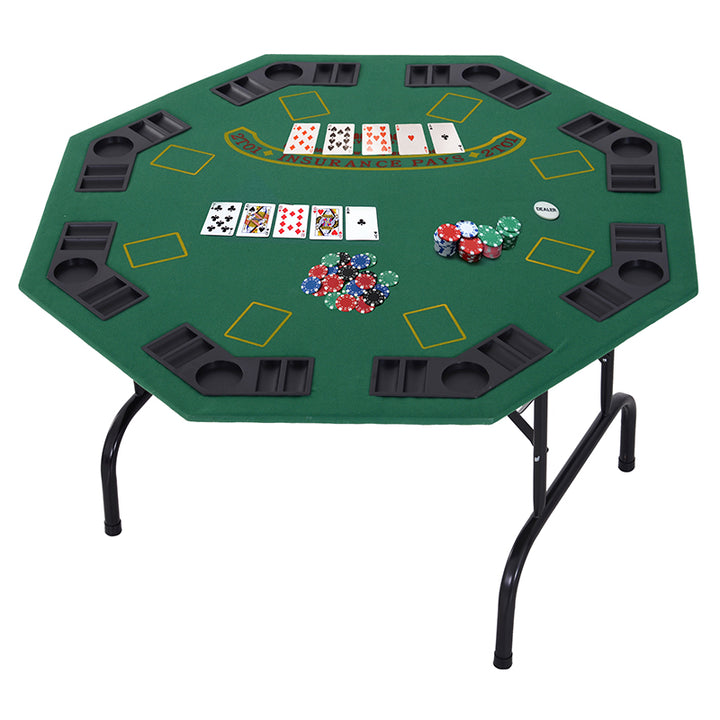 MCL 8 Player Folding Games Poker Table with Chip Cup Holder Steel Base Felt Top Octagon Blackjack Green