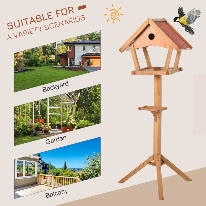 PawHut Wooden Bird Feeder Table Freestanding for Garden Backyard Outside Decorative Pre-cut Weather Resistant Roof 49 x 45 x 139 cm Natural | Aosom UK