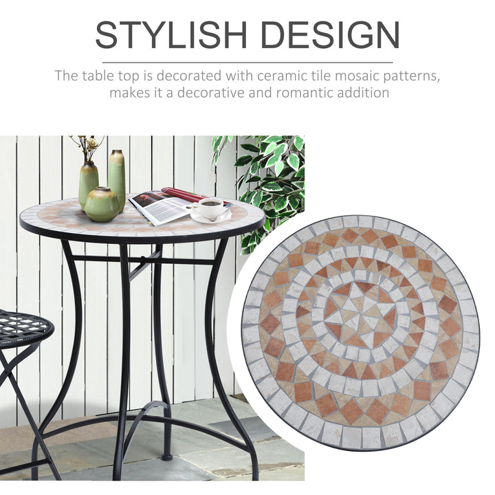 60 cm Mosaic Garden Table, Small Round Outdoor Side Table with Ceramic Top, Plant Stand for Patio, Balcony, Orange and White