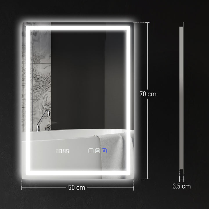 50 x 70 cm Anti-Fog LED Bathroom Mirror, with Bluetooth and Clock - Silver Tone