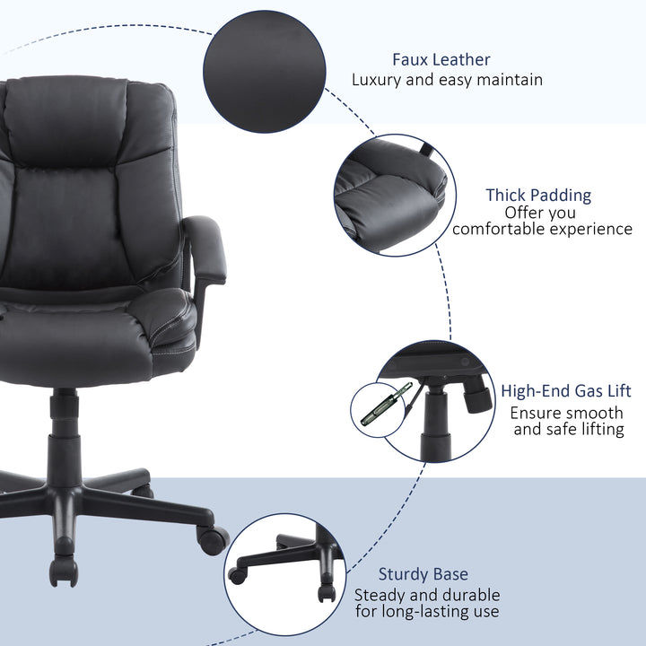 HOMCOM Swivel Executive Office Chair, Mid-Back Faux Leather Desk Chair with Double-Tier Padding, Arms, and Wheels, Black | Aosom UK