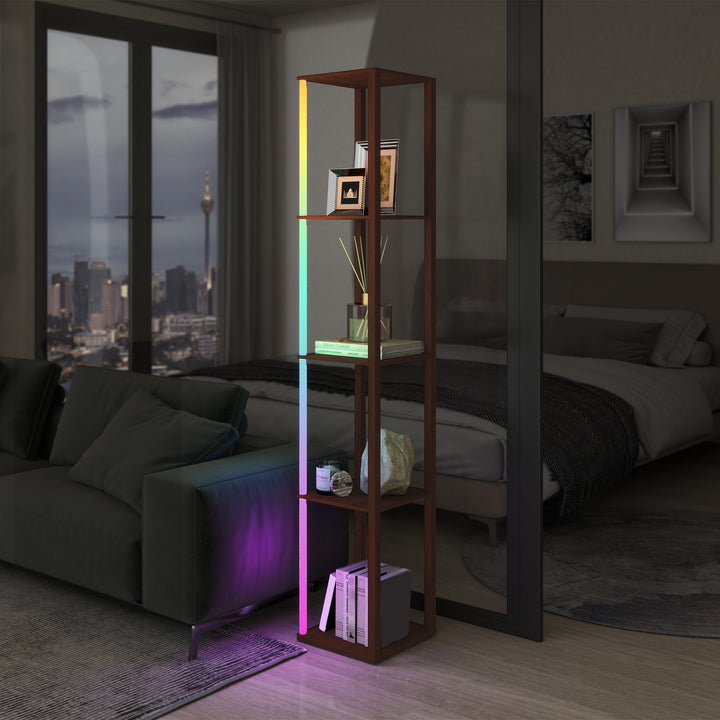 RGB LED Floor Lamp with Shelves, Modern Dimmable Standing Lamp with Remote Control, Adjustable Brightness & Speed for Living Room, Bedroom, Office, Brown