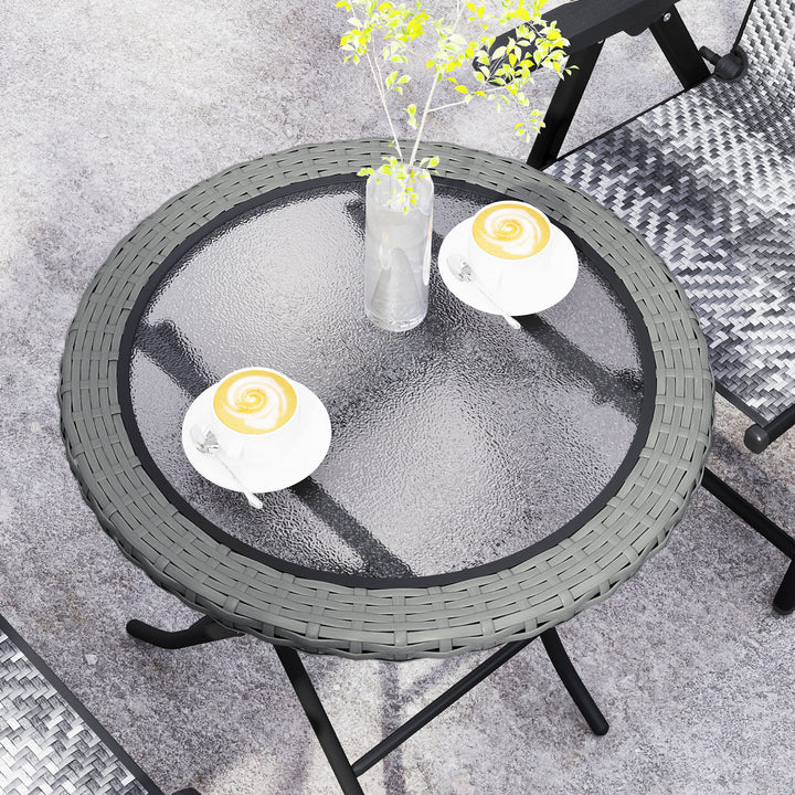 Folding Rattan Garden Dining Table, 68 cm Round Rattan Garden Table with Water Ripple Tempered Glass Top, Wicker Edging and Steel Frame for Outdoor, Patio, Grey