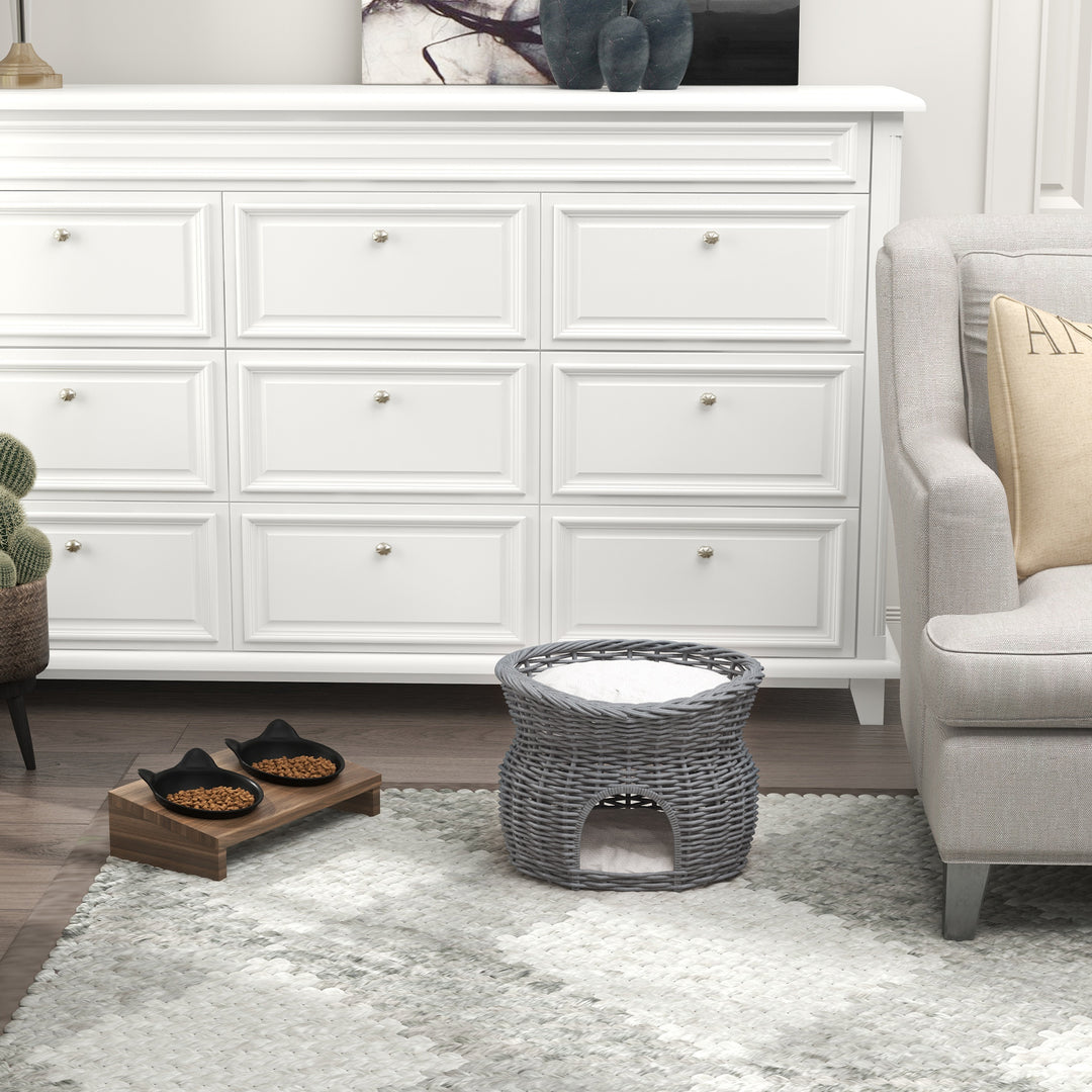 2-Tier Wicker Cat House Elevated Pet Bed Basket Willow Kitten Tower Pet Den. with Washable Cushions 56x37x40cm Grey