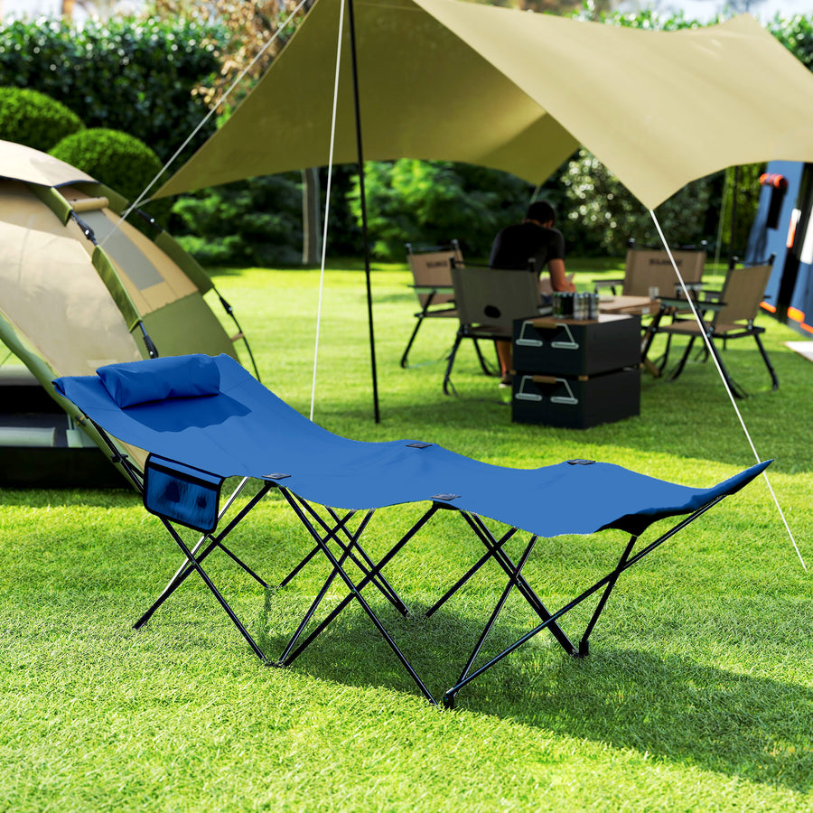 Camping Bed for Adults, Single Folding Camp Bed, Portable Camping Cot with Side Pocket, Headrest and Oxford Seat for Outdoor, Travel, Fishing, Dark Blue