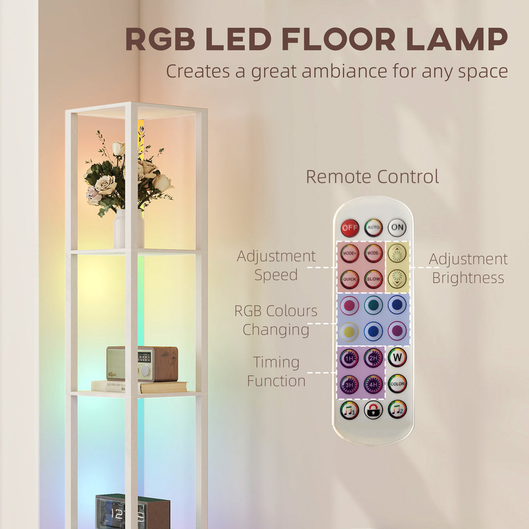 RGB LED Floor Lamp with Shelves, Modern Dimmable Standing Lamp with Remote Control, Adjustable Brightness & Speed for Living Room, Bedroom, Office, White