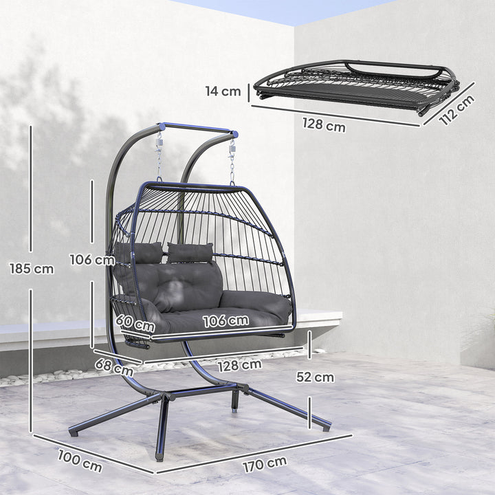 Rattan Double Hanging Egg Chair with Stand, Foldable Wicker Swing Egg Chair with Cushion, Head Pillows, Steel Frame, Hammock Chair for Indoor Outdoor, Capacity 260 kg, Dark Grey