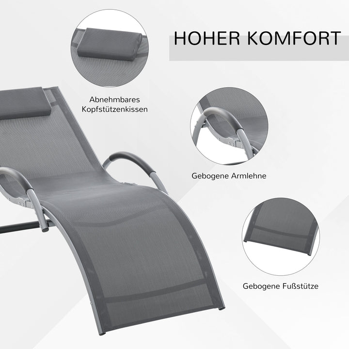 Sun Lounger Reclining Chair Portable Armchair with Pillow for Garden Patio Outside Aluminium Frame, Dark Grey