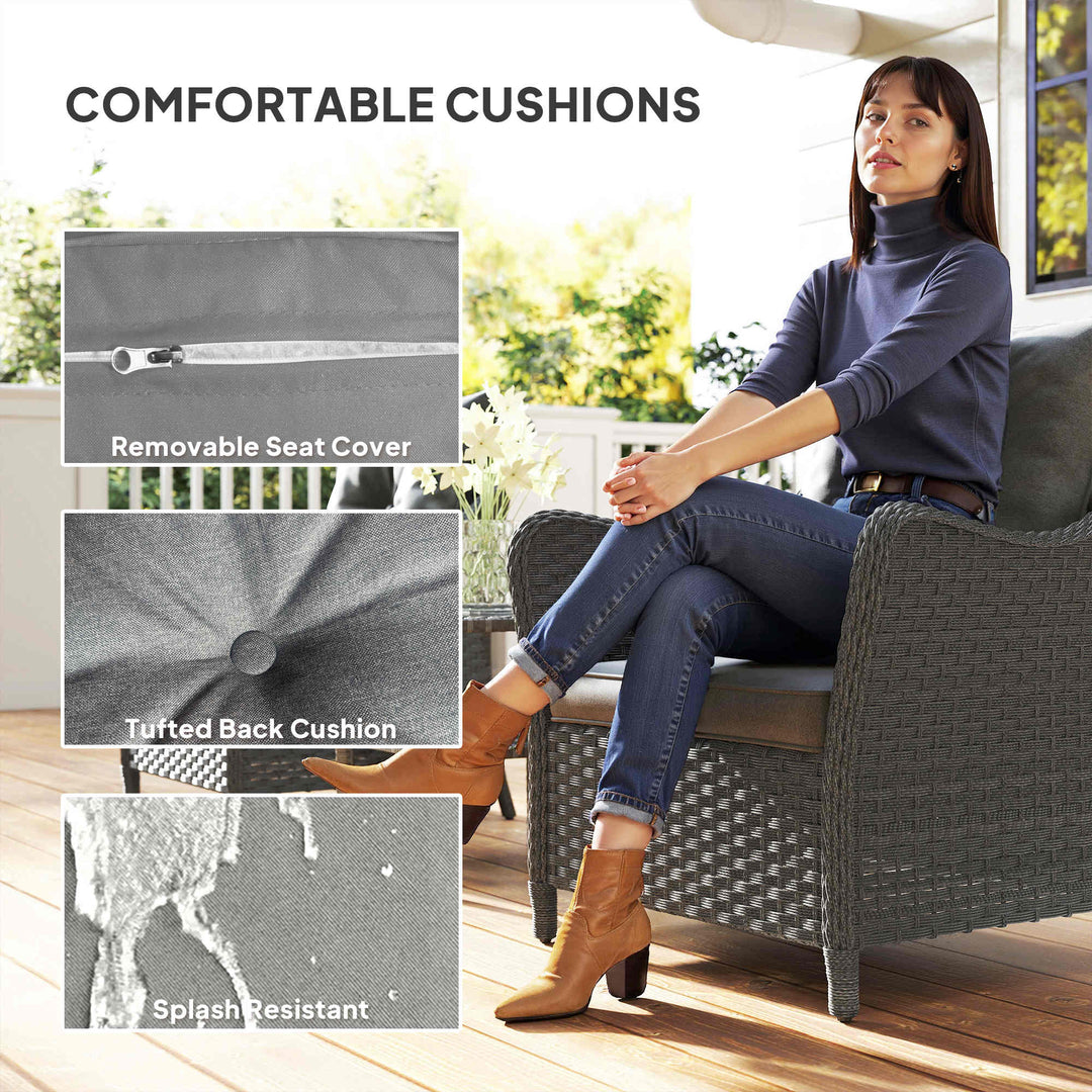 Rattan Garden Chairs Set of 2, Outdoor Rattan Chairs with Cushions, Armrests and High Back, PE Wicker Garden Armchair with Steel Frame for Balcony, Porch, Dark Grey