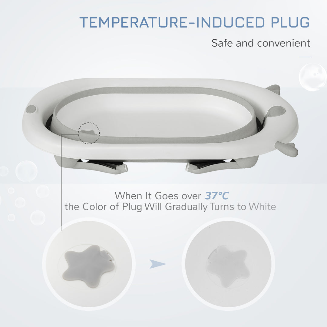 Foldable Baby Bathtub Set, Collapsible Bath Tub with Thermostatic Water Plug, Non-Slip Support, Cushion Pad, Drain Plugs, for Newborn to 3 Years - Offwhite