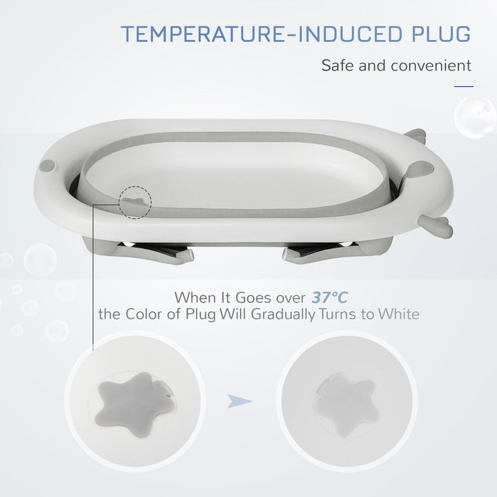 Foldable Baby Bathtub Set, Collapsible Bath Tub with Thermostatic Water Plug, Non-Slip Support, Cushion Pad, Drain Plugs, for Newborn to 3 Years - Offwhite