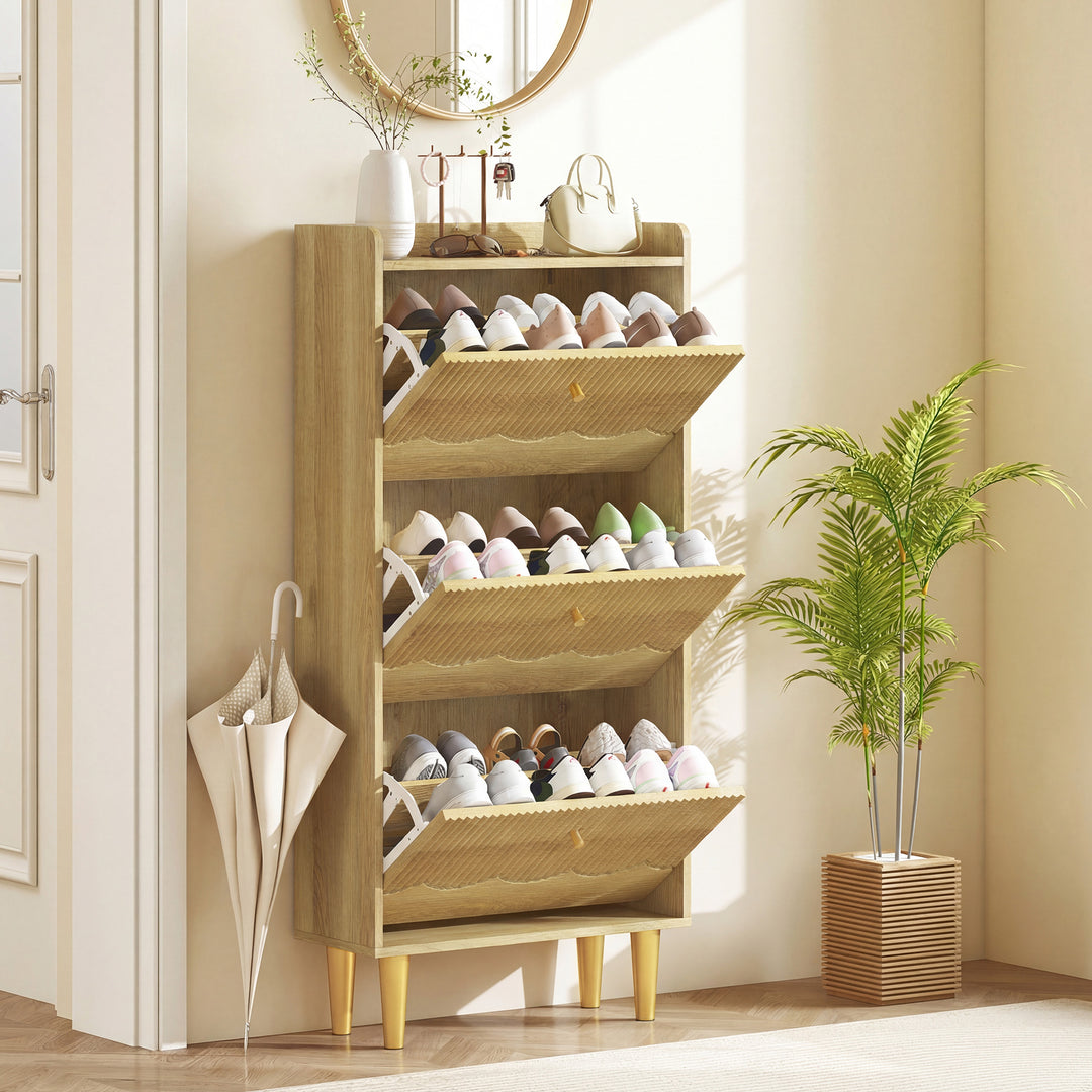 Narrow Shoe Cabinet, Modern Shoe Storage Cabinet with 3 Flip Drawers, 
