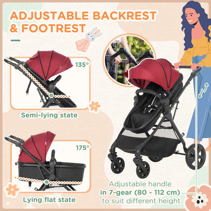 Foldable Baby Stoller, with Reclining Backrest, Adjustable Canopy, for Ages 0-36 Months - Red
