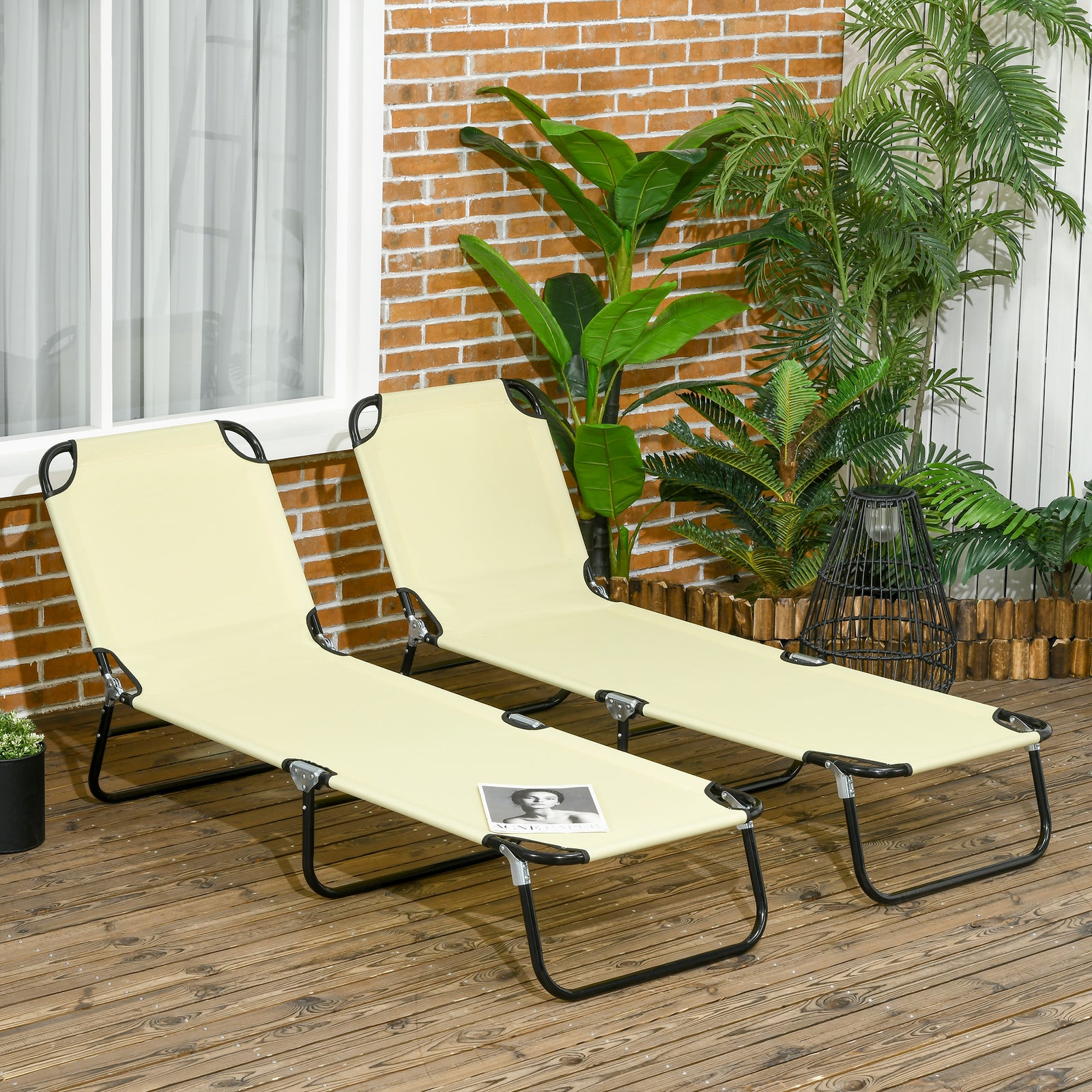 Set of Two Metal Frame Folding Sun Loungers - Beige