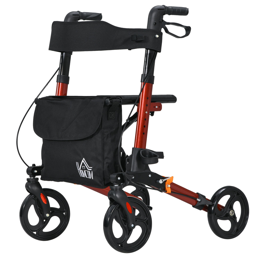 4 Wheel Rollator with Seat and Back, Folding Mobility Walker with Carry Bag, Adjustable Height, Dual Brakes, Cane Holder, Lightweight Aluminium Walking Frame for Seniors and Disabled, Red