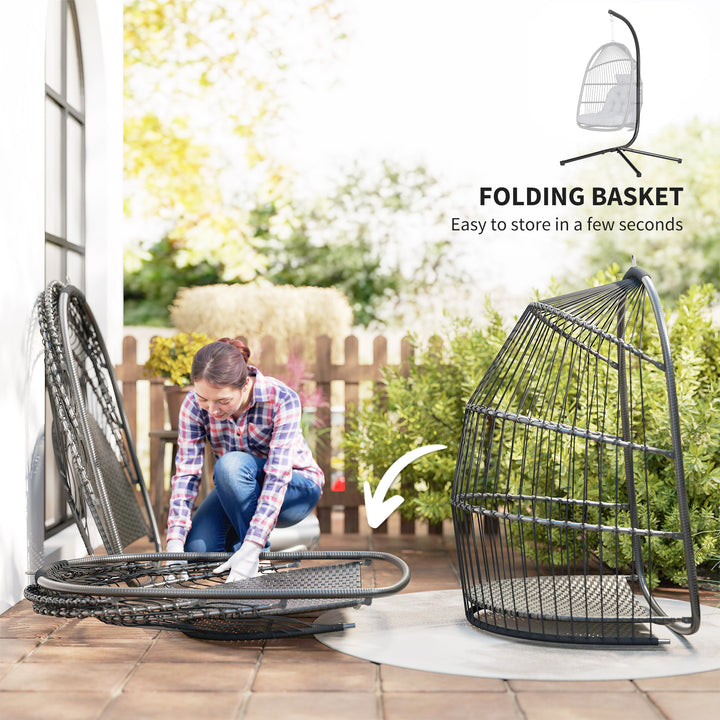 Rattan Hanging Egg Chair with Stand, Foldable Wicker Swing Egg Chair with Cushion, Head Pillow, Steel Frame, Hammock Chair for Indoor Outdoor, Capacity 150 kg, Dark Grey