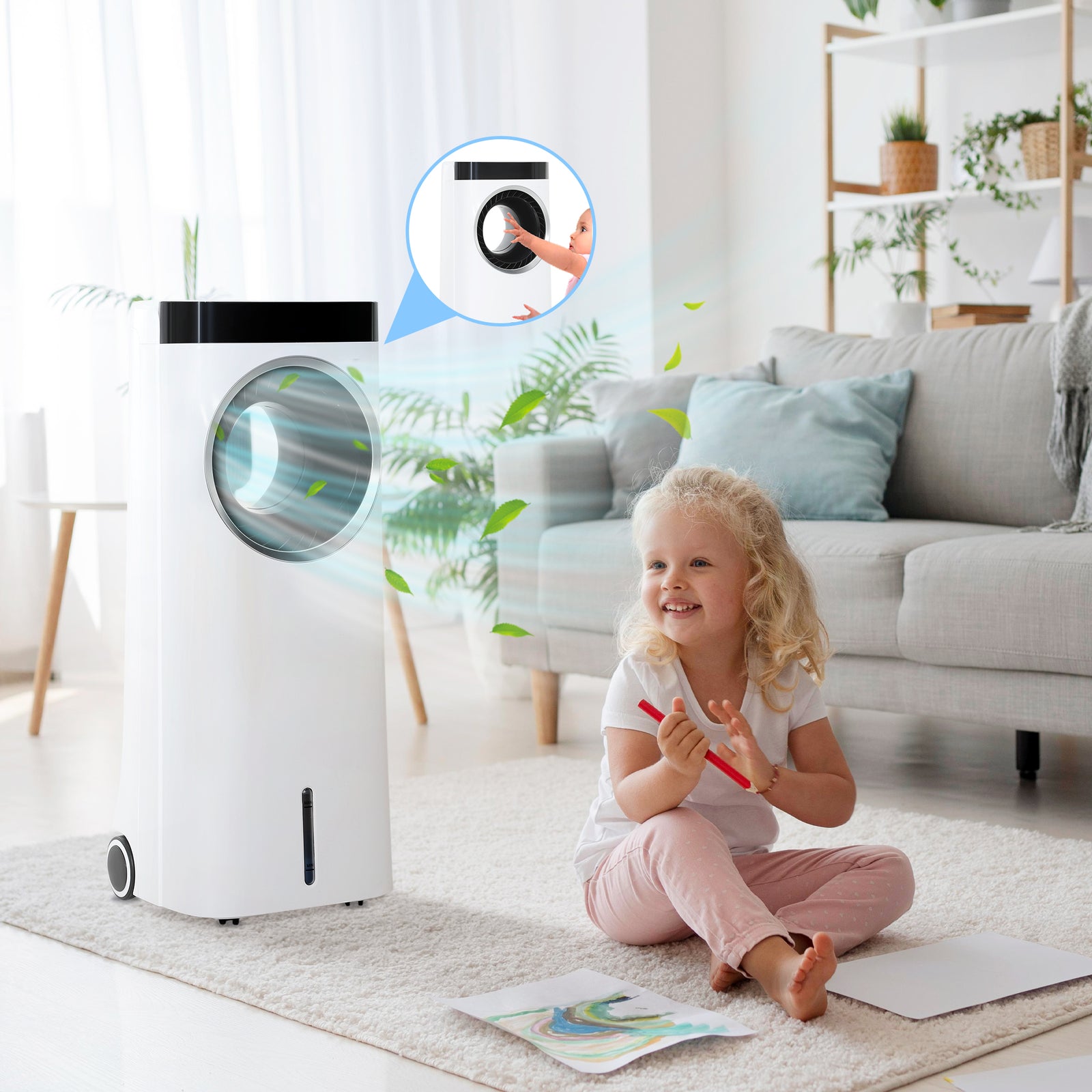 Evaporative Air Cooler, 6.5L 4-in-1 Bladeless Portable Cooler, Fan, Humidifier, Air Clean Anion with Oscillation, 6 Speeds, 24H Timer, Sleep Mode, 2 Ice Packs, Wheels, Remote, for Home Office