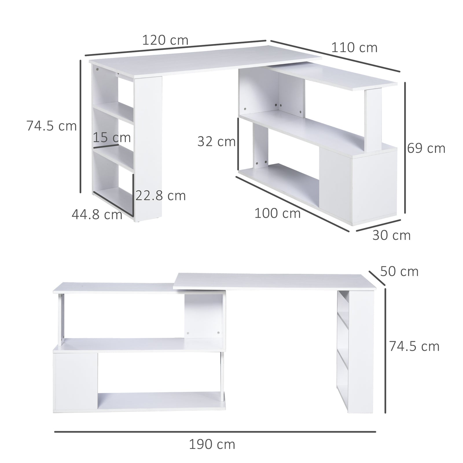 Corner Computer Desk, L Shaped Desk with 360° Rotating Bookshelf, 120L
