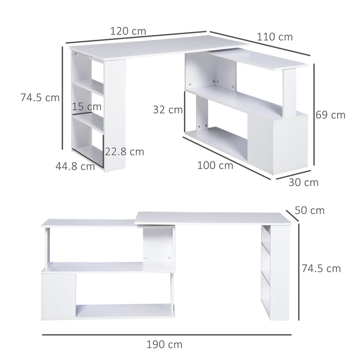 Corner Computer Desk, L Shaped Desk with 360° Rotating Bookshelf, 120L