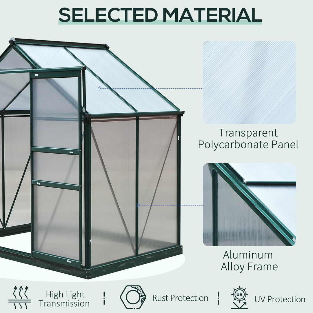 6 x 4ft Polycarbonate Greenhouse, Large Walk-In Green House with Slide Door and Window, Garden Plants Grow House with Aluminium Frame and Foundation, Dark Green