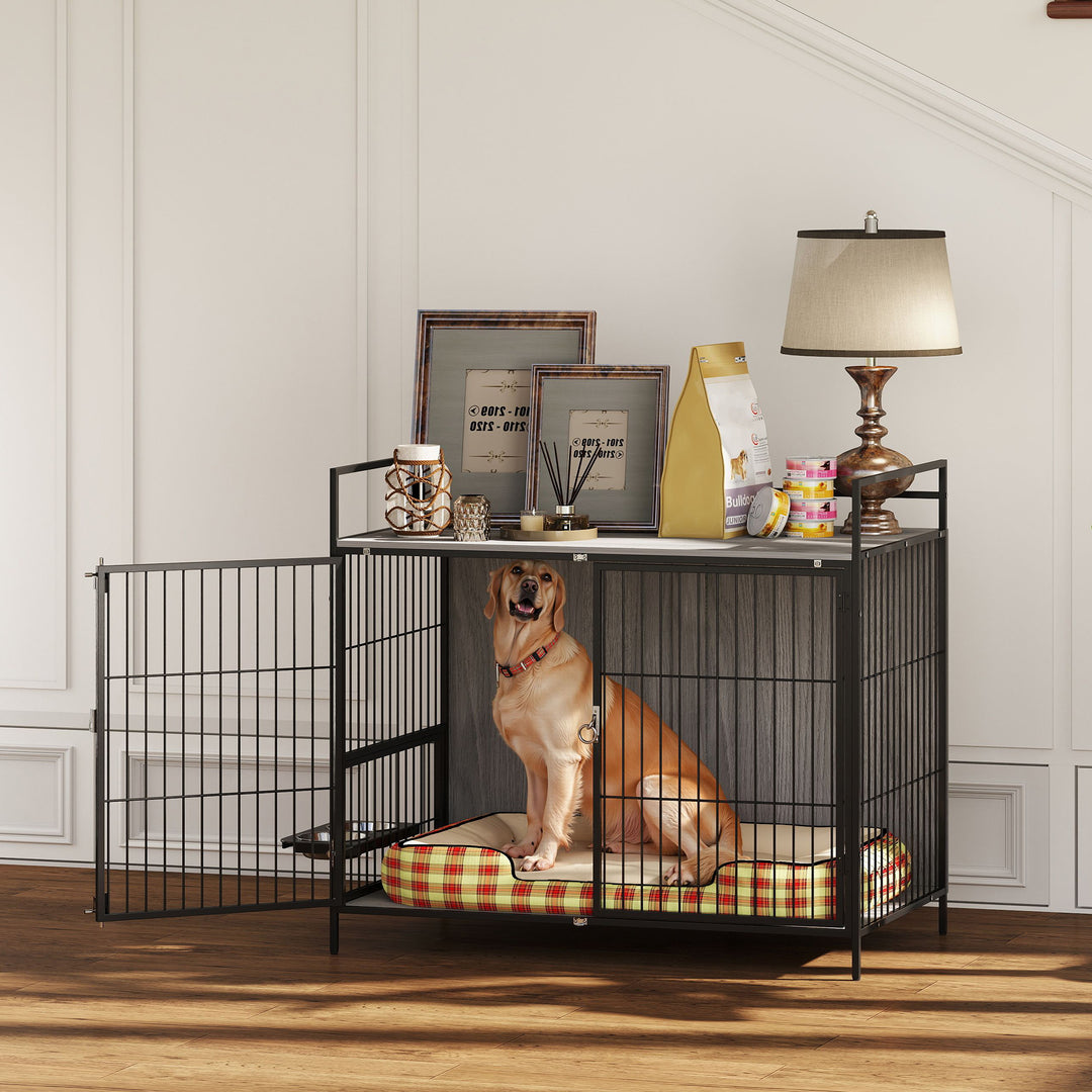 Large Dog Crate Furniture with Rotating Bowl Holder, 2 Bowls, 2 Doors, for Large Dogs, 100 x 60 x 88 cm, Grey