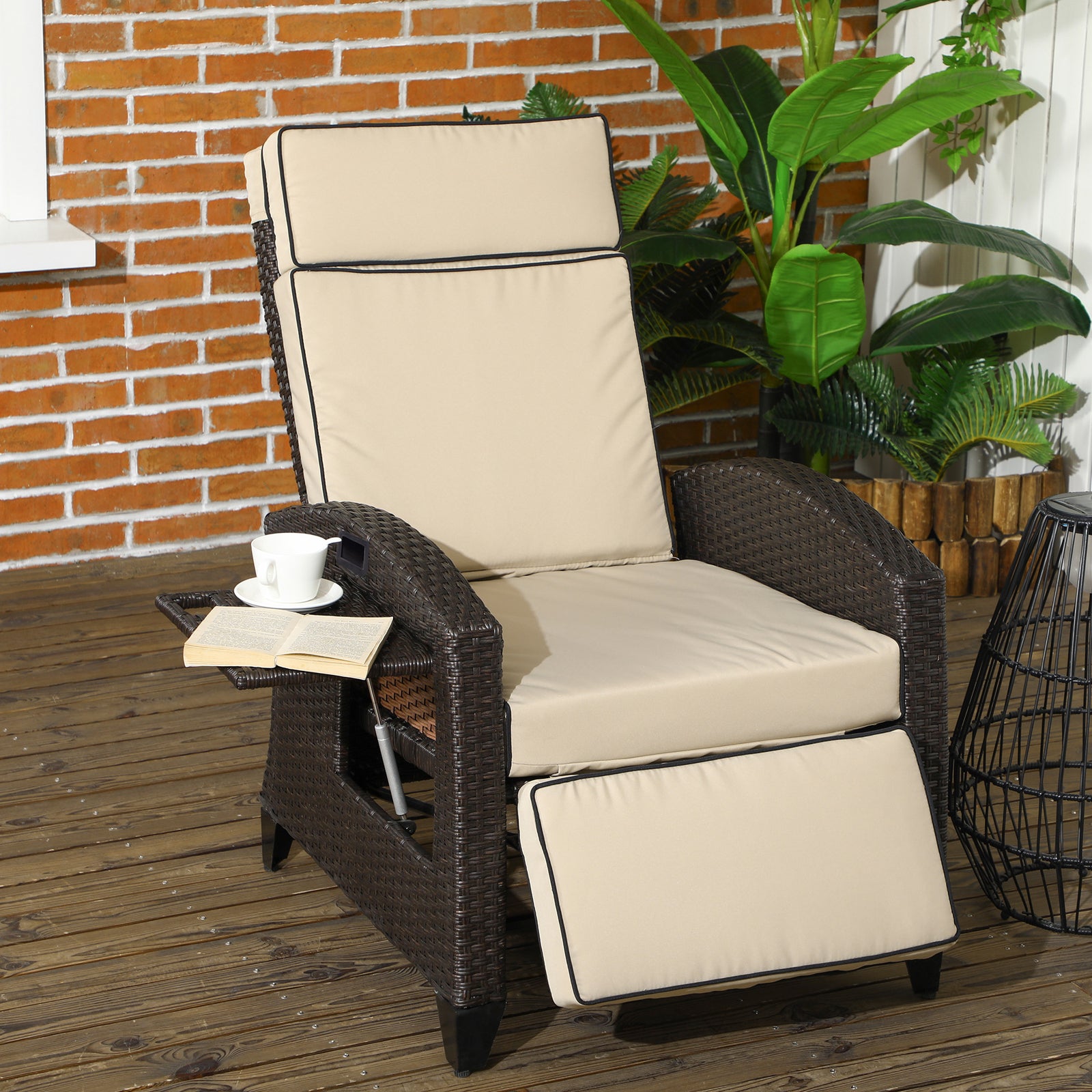 Outdoor Recliner Chair with Adjustable Backrest and Footrest, Cushion, Side Tray, Khaki/Brown