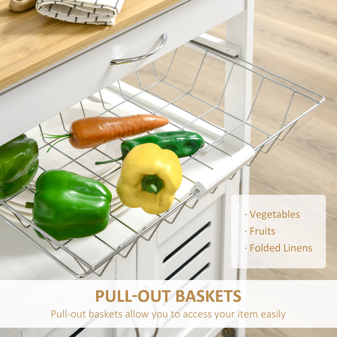 Rolling Kitchen Island Trolley Utility Cart on Wheels with Bamboo Table Top, Storage Cabinet, Drawer and Wire Basket