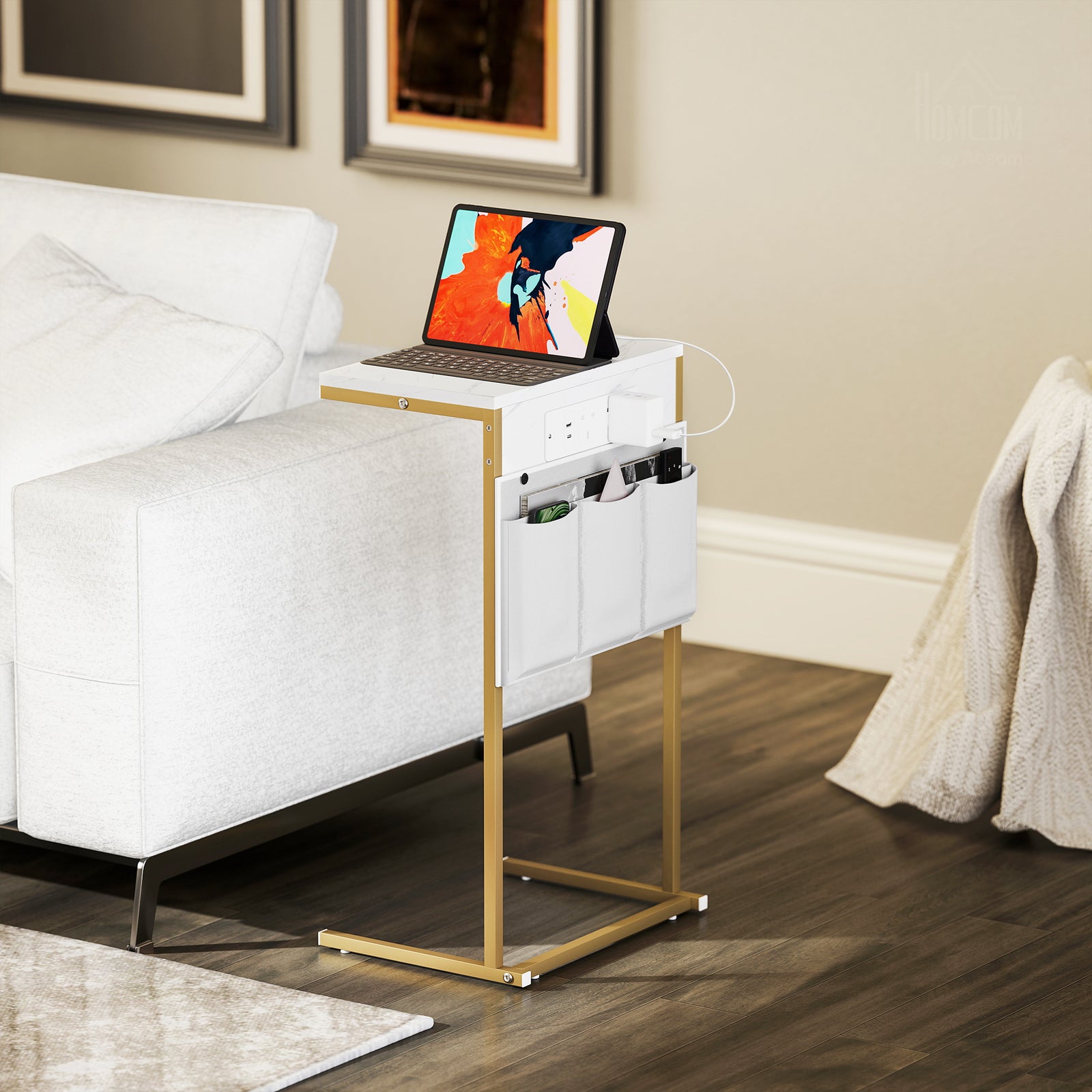 C-Shaped Bedside Table with Charging Station, Marble Grain Side Table with Power Outlets & USB Ports, Storage Bags, for Bedroom, Living Room, White