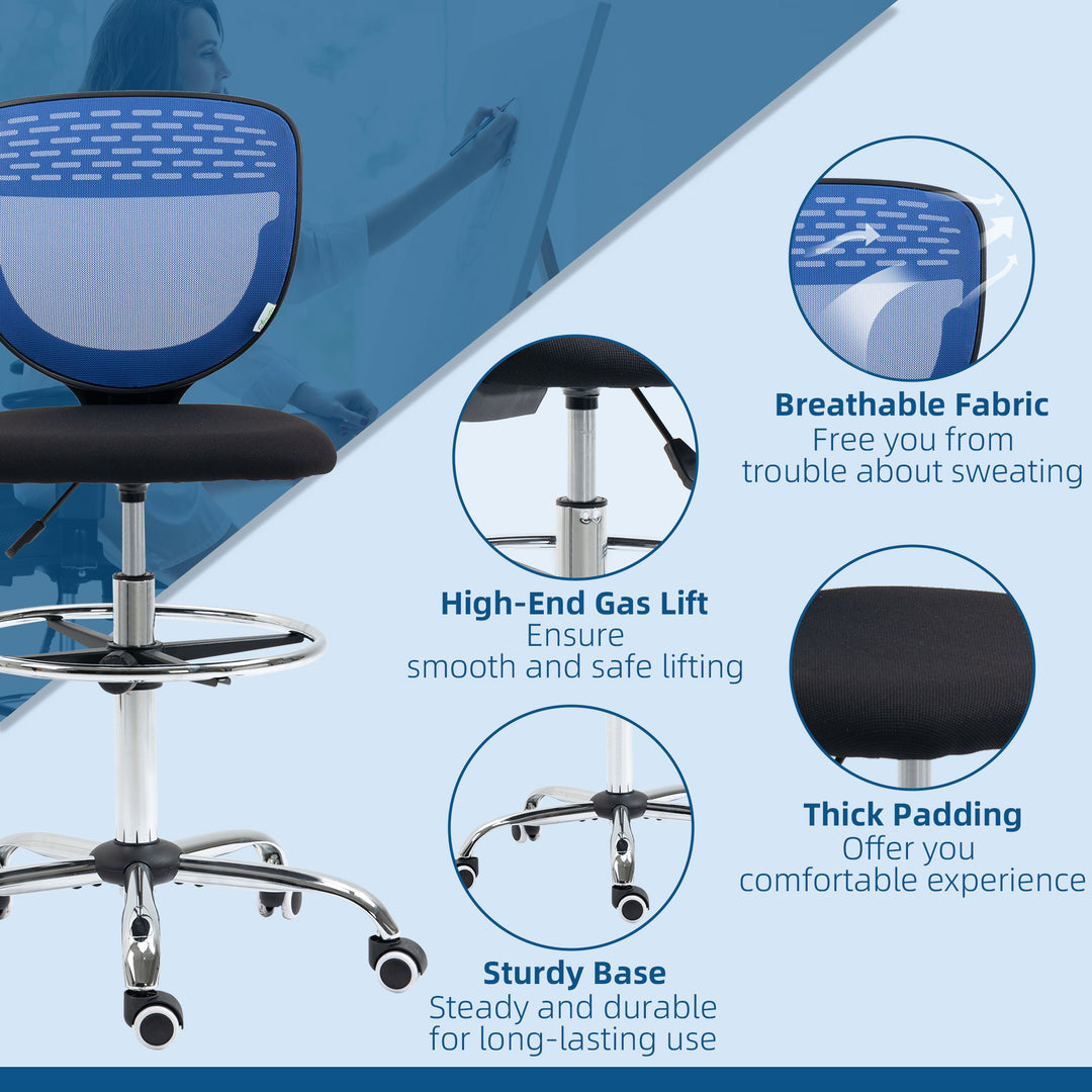 Drafting Chair, Swivel Office Draughtsman Chair, Mesh Standing Desk Chair with Adjustable Foot Ring, Armless, Dark Blue