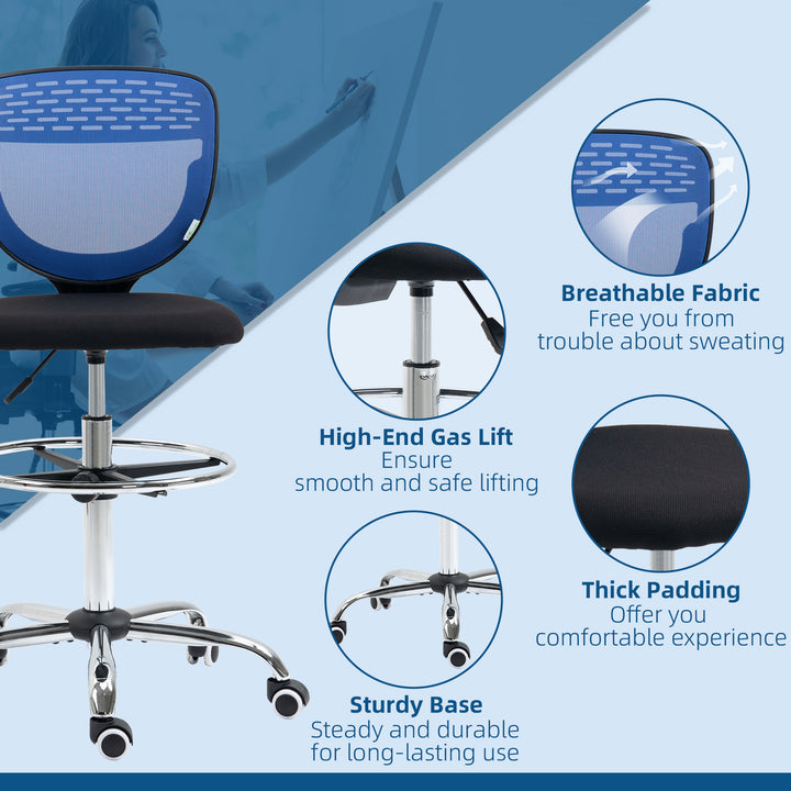 Drafting Chair, Swivel Office Draughtsman Chair, Mesh Standing Desk Chair with Adjustable Foot Ring, Armless, Dark Blue
