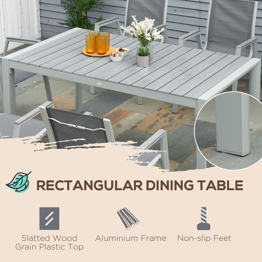 Outsunny 7 Pieces Garden Dining Set, Outdoor Table and 6 Armchairs, Aluminium Frame Slatted Wood Grain Plastic Top Table Mesh Fabric Seats Light Grey