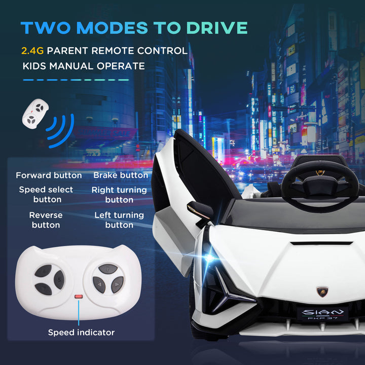 HOMCOM Compatible 12V Battery-powered Kids Electric Ride On Car Lamborghini SIAN Toy w/ Remote Control Lights MP3 for 3-5 Years Old White | Aosom UK