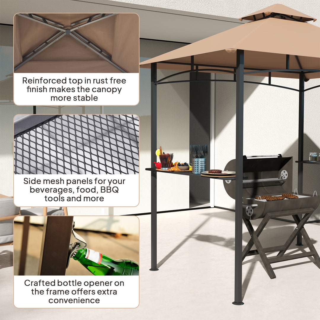2.5x1.5m (8'x5') Grill Gazebo Canopy, Double Tiered Outdoor BBQ Gazebo Shelter with 2 Side Shelves for Garden, Patio, Barbecue, Picnic, Khaki