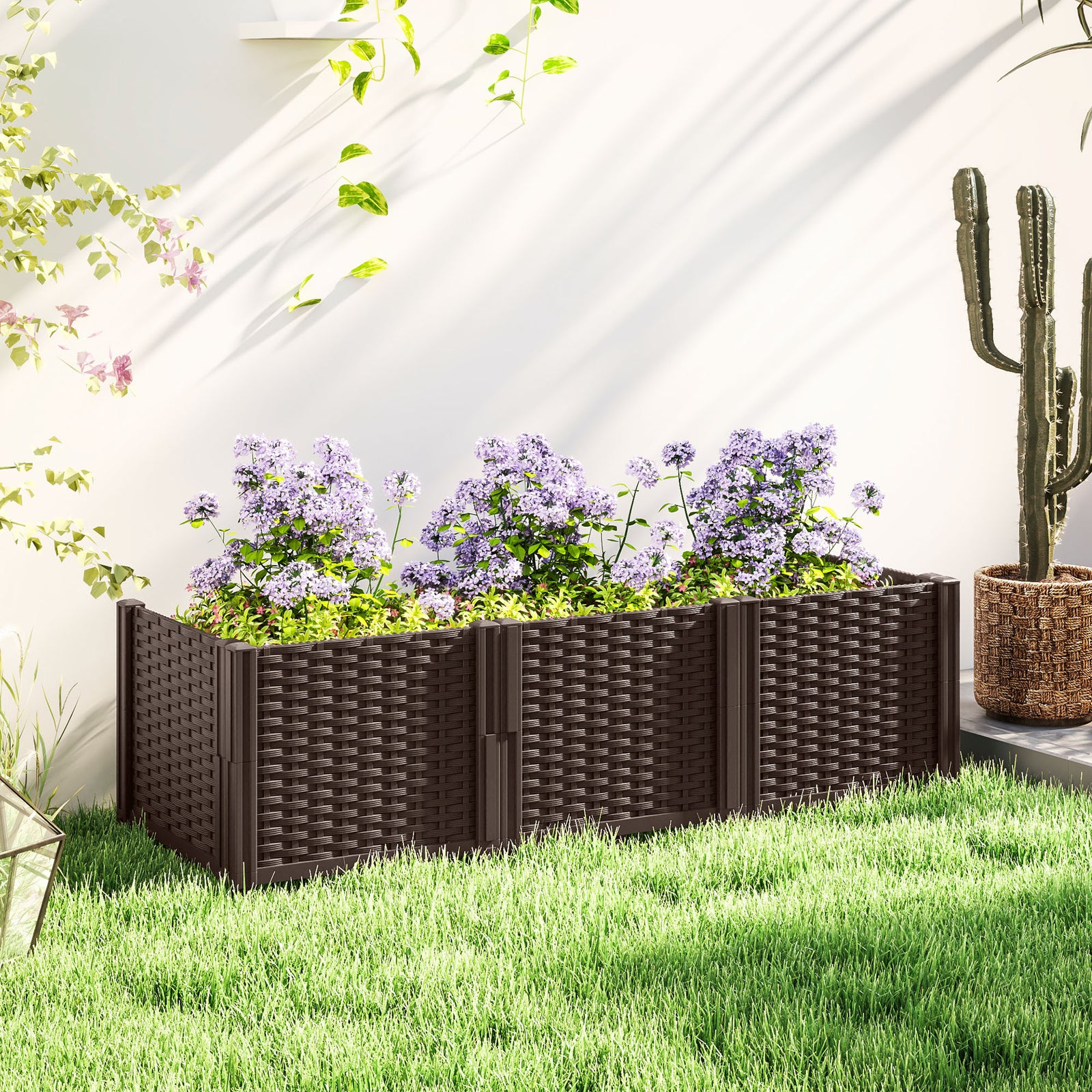 Plastic Raised Garden Bed, Modular Planter Box Kit, Garden Fence Edging Border for Flowers, Vegetables, Herbs, Brown