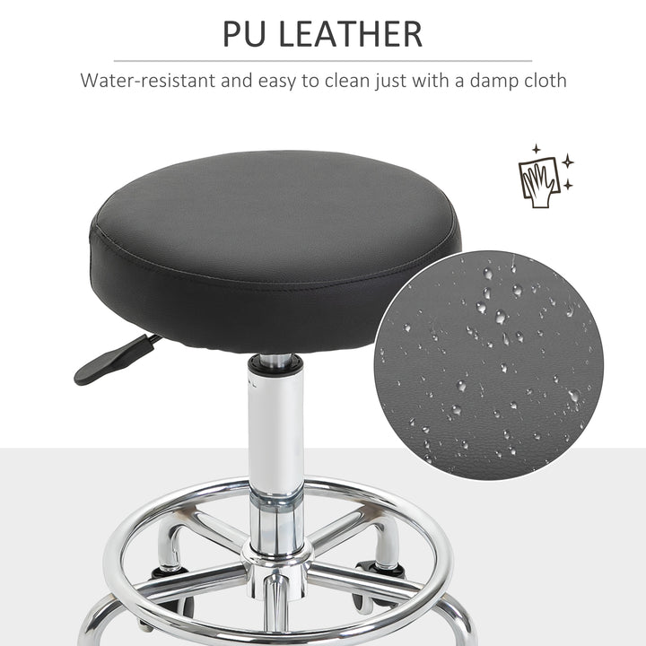 Round Rolling Stool, PU Leather Height Adjustable Stool Chair with Wheels and Swivel Seat for Salon, Massage, Spa, Home Kitchen, Black