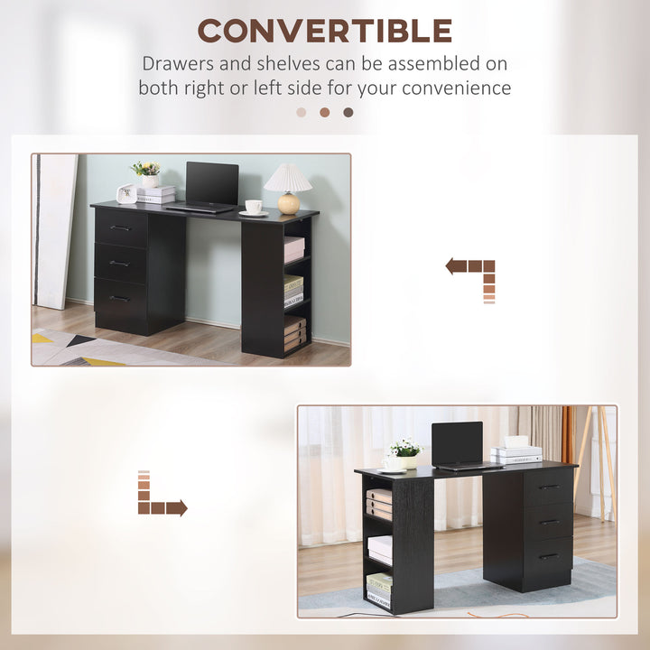 Computer Desk, Writing Table, PC Workstation with 3 Storage Shelves and Drawers, Black Handle, for Home Office, Black