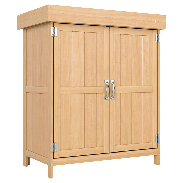 Small Shed, Wooden Garden Shed with Openable Hinged Roof and Removable Shelf, Outdoor Tool Storage Cabinet Chest with Double Doors, 74 x 43 x 88 cm, Natural Wood Finish