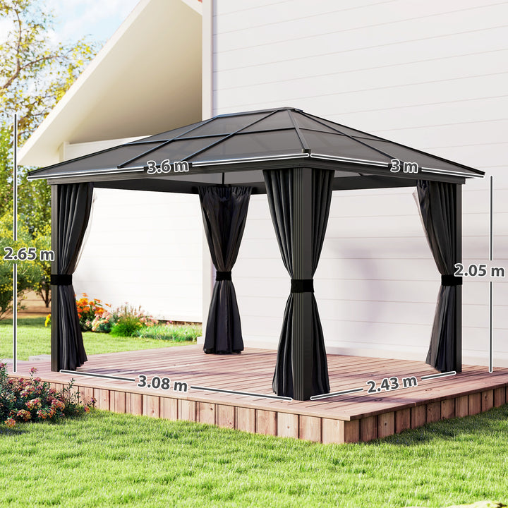 3 x 3.6m Hardtop Gazebo Canopy with Polycarbonate Roof, Aluminium Frame, Permanent Pavilion Garden Gazebo with Netting and Curtains for Patio, Deck, Dark Grey